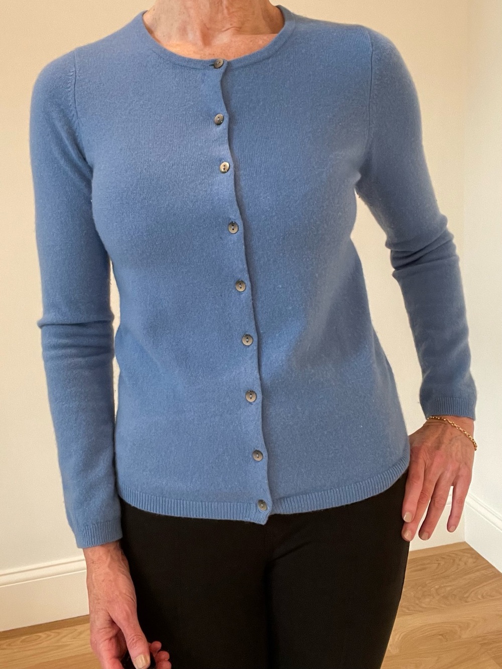 Boden Sky Blue Cashmere Button-Front Crewneck Cardigan